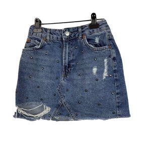 Topshop Moto Women’s Size 2 Blue Studded Cut Off Jean Denim Mini Skirt Fray Hem